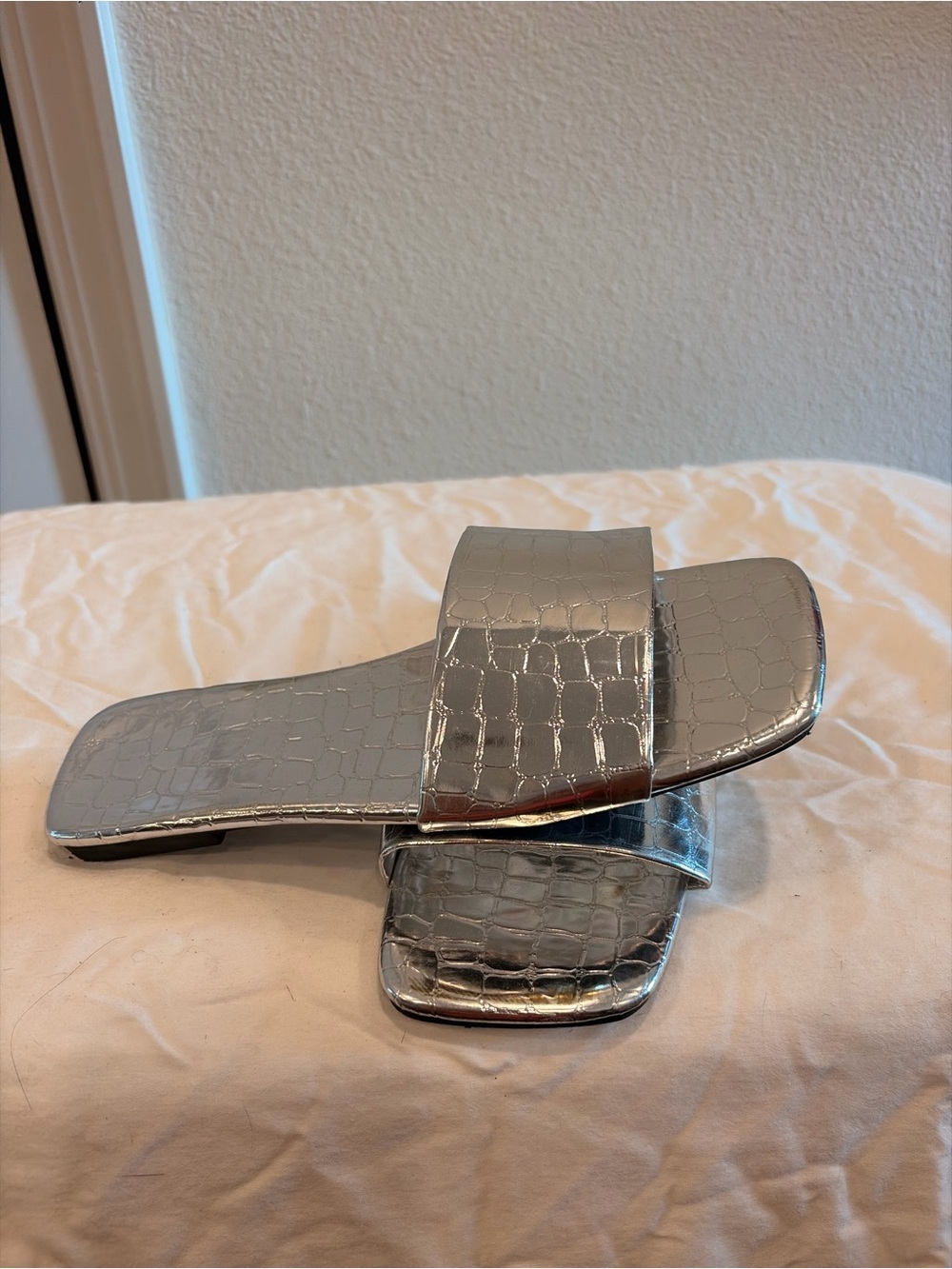 Metallic Silver Croc-Embossed Slide Sandals